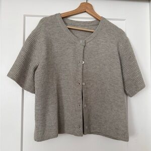 Short Sleeve Ribbed Button Cardigan — Taupe